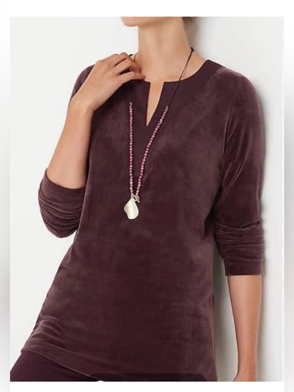 J JILL Pure Jill Velour Tunic XL Petite Pinot Purple Satin Neck Long Sleeve